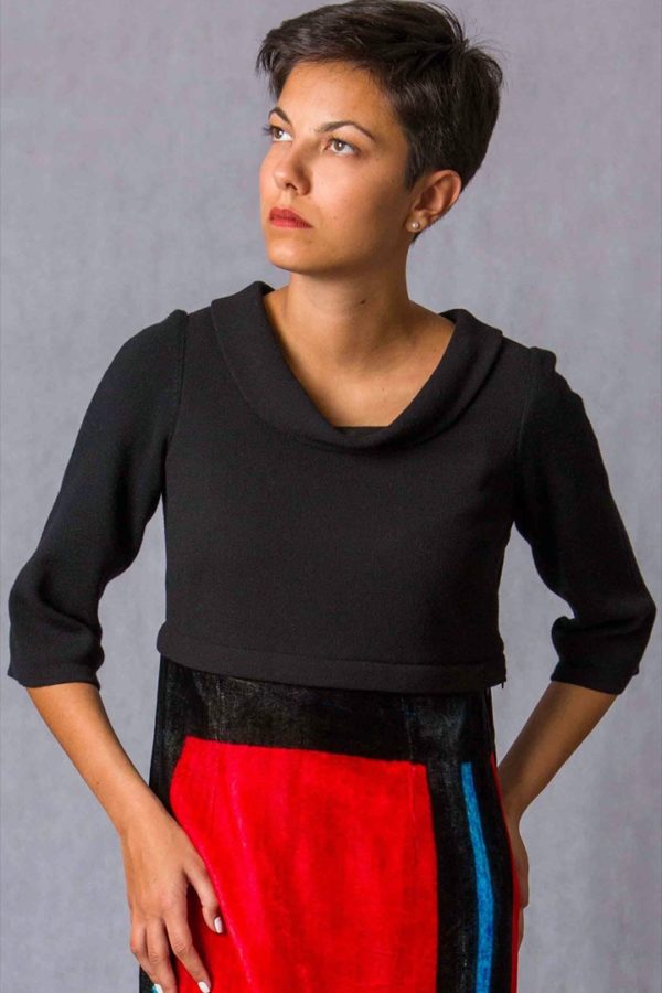 Black double crêpe wool top with three-quarter sleeves - Image 4