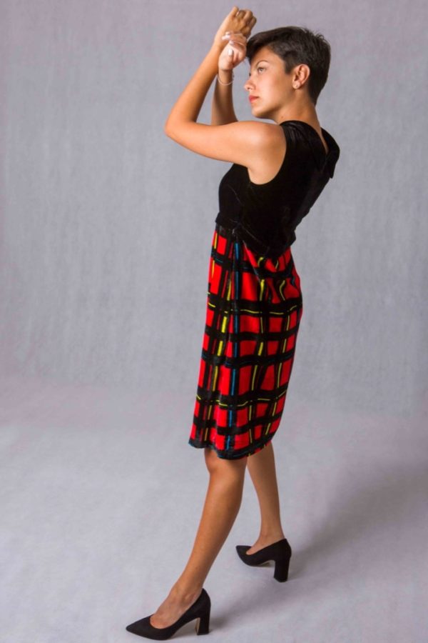 Divisible Dress Trapezio velluto di seta nero e Tartan micro - immagine 2