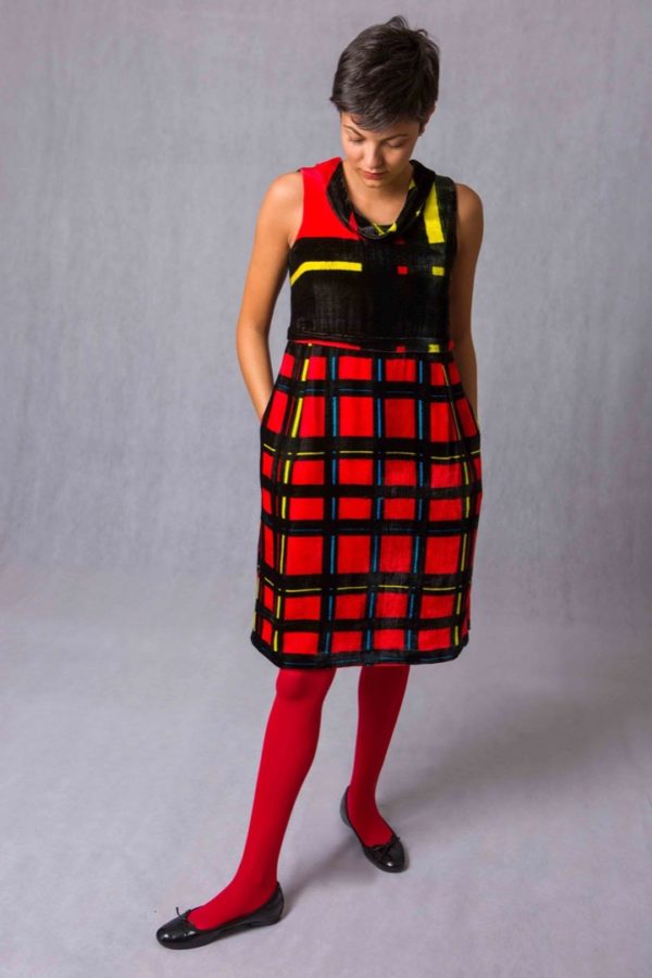 Divisible Dress Trapezio velluto di seta nero e Tartan micro - immagine 5