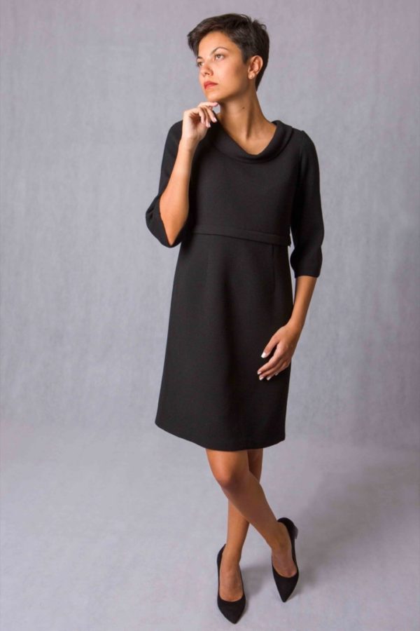 The Divisible Dress in black double crêpe wool with three-quarter sleeves