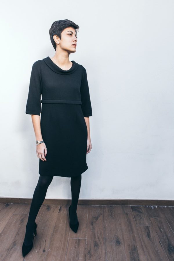 The Divisible Dress in black double crêpe wool with three-quarter sleeves - Image 4